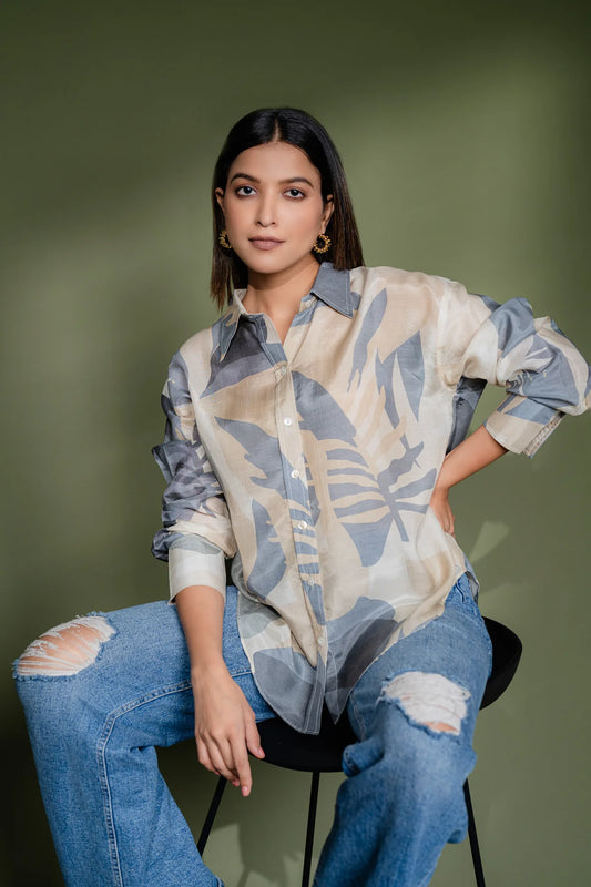 Botanical Print Oversized Muslin Shirt