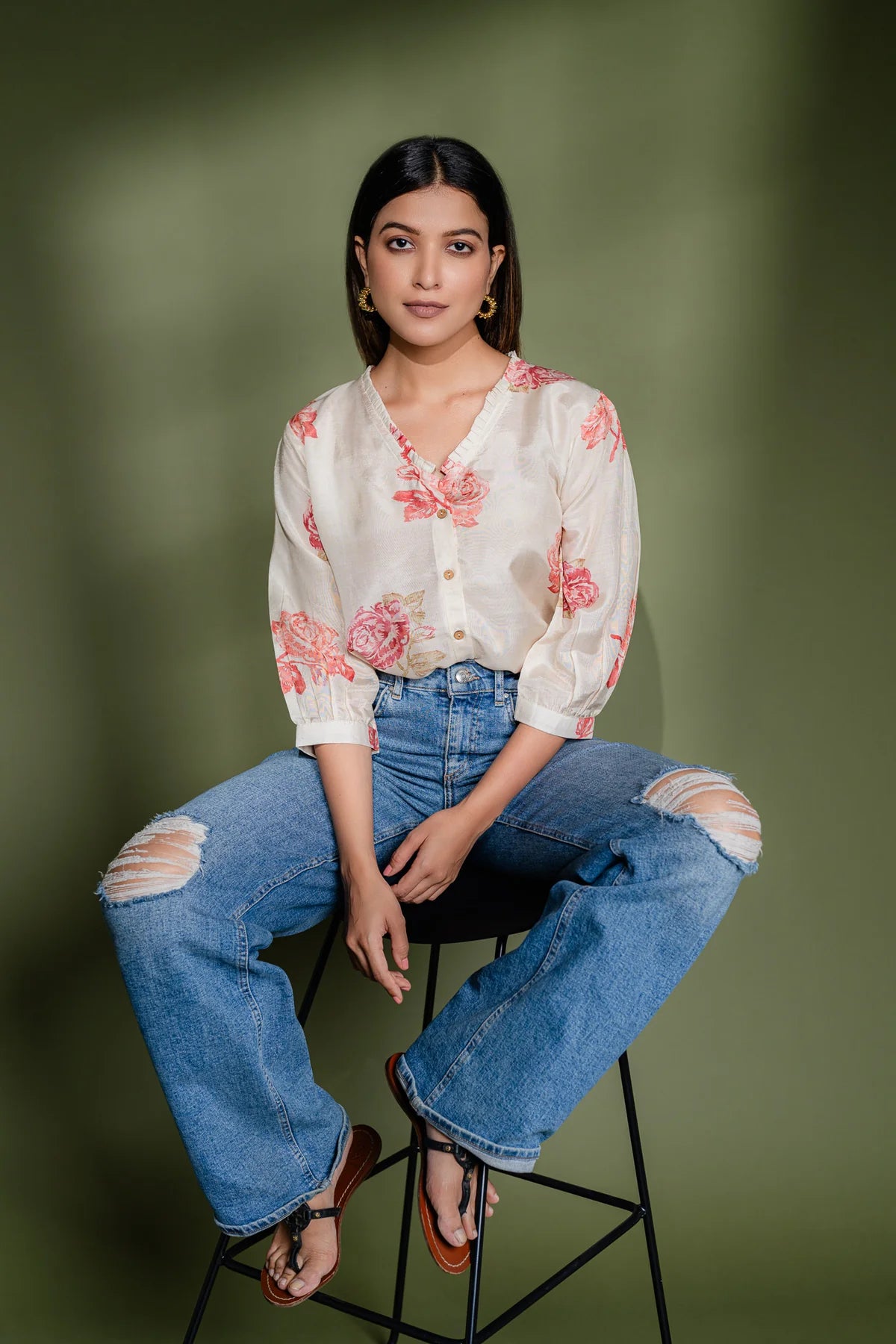 Printed Muslin V-Neck Casual Shirt