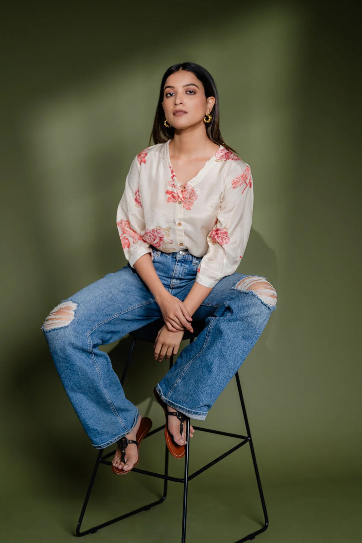 Printed Muslin V-Neck Casual Shirt
