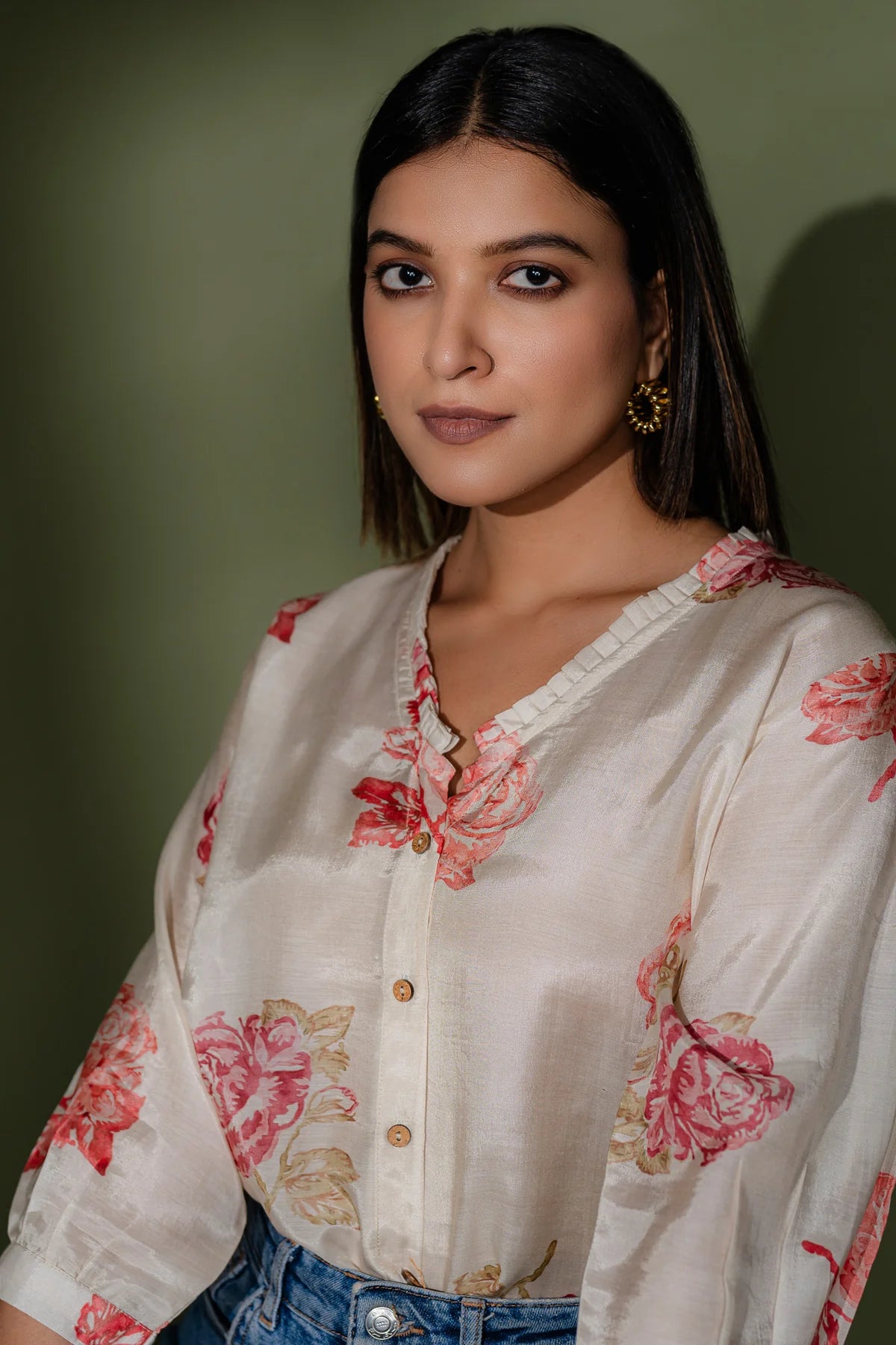 Printed Muslin V-Neck Casual Shirt