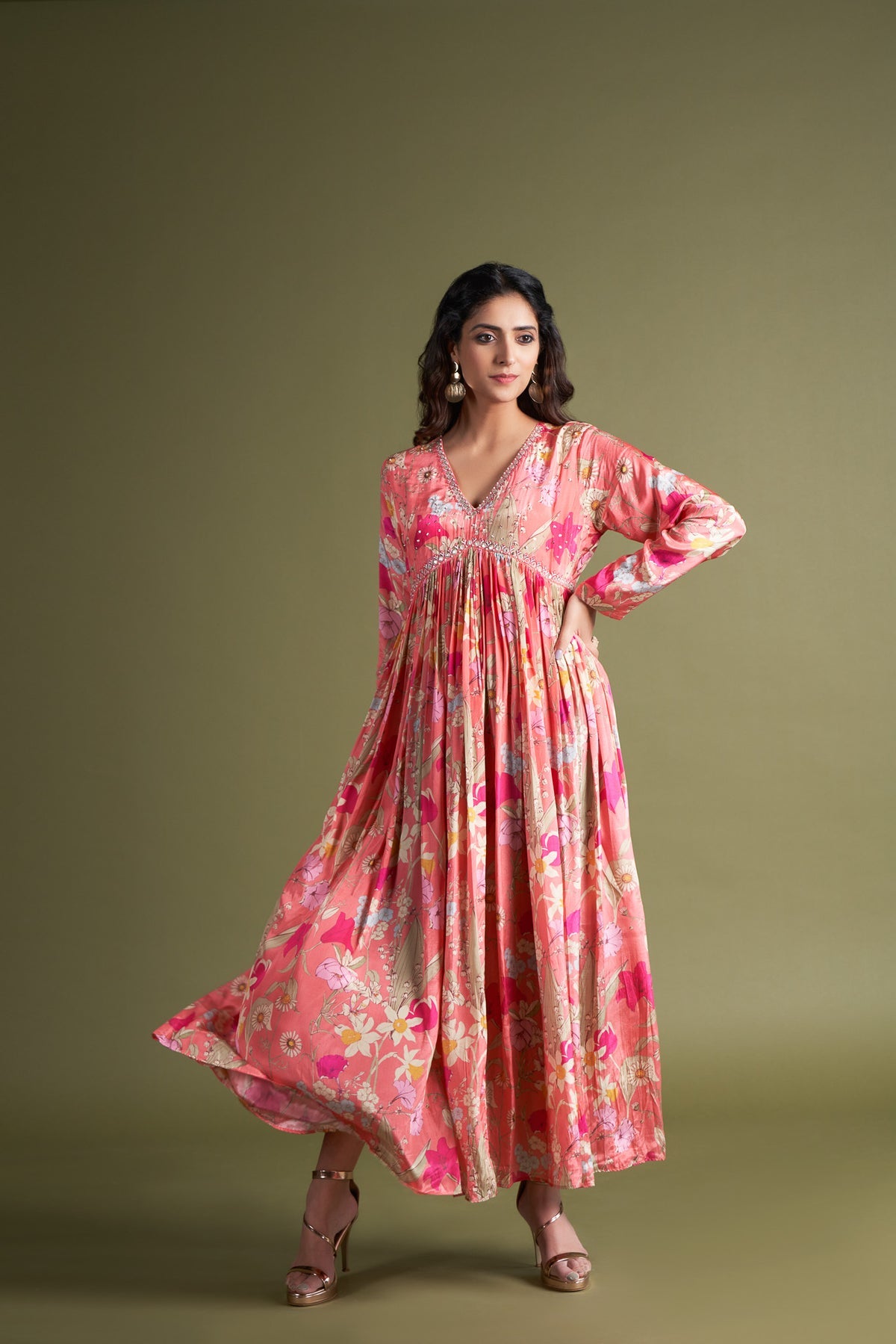 Blush Printed Crepe Gown with Handcrafted Embroidery