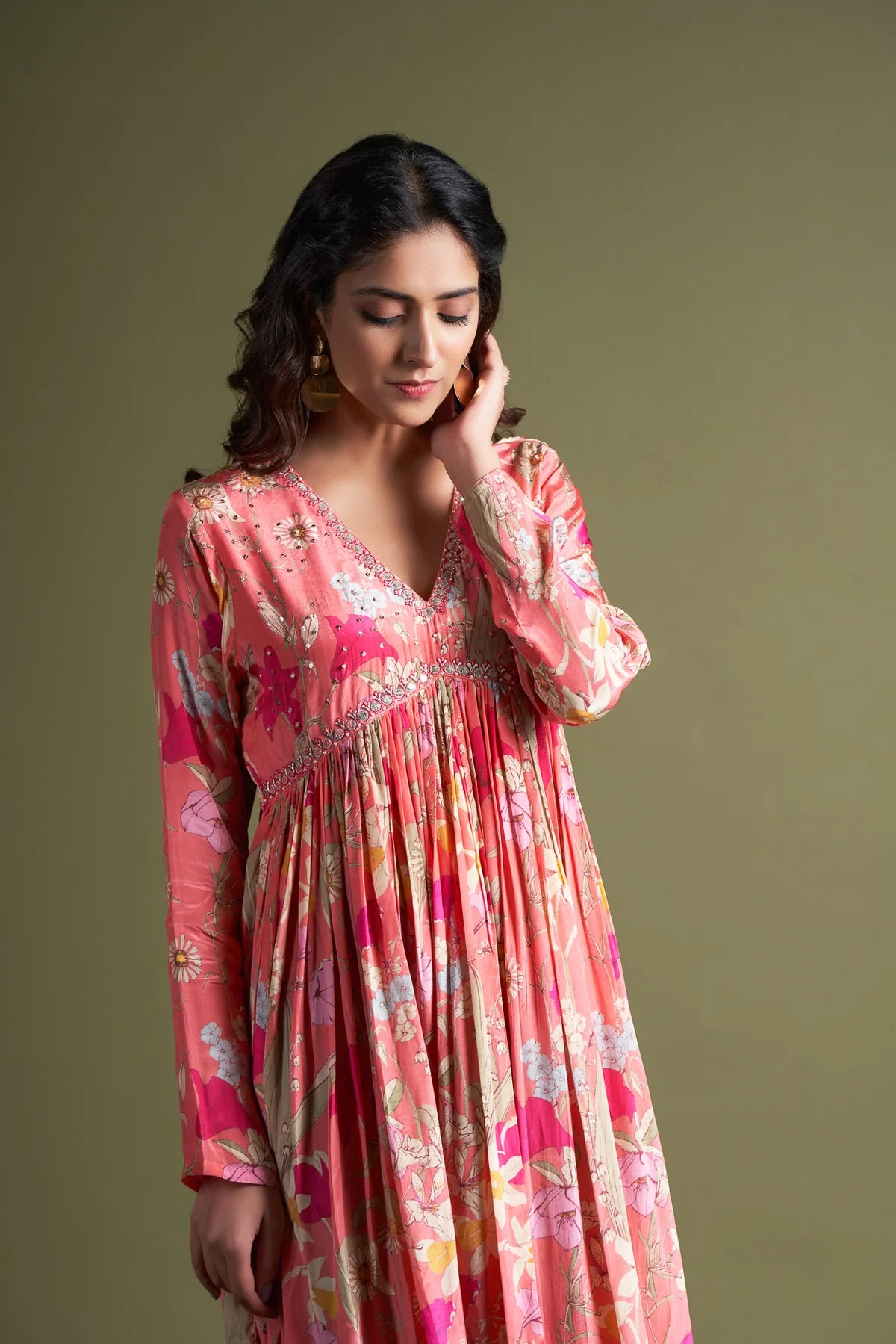 Blush Printed Crepe Gown with Handcrafted Embroidery