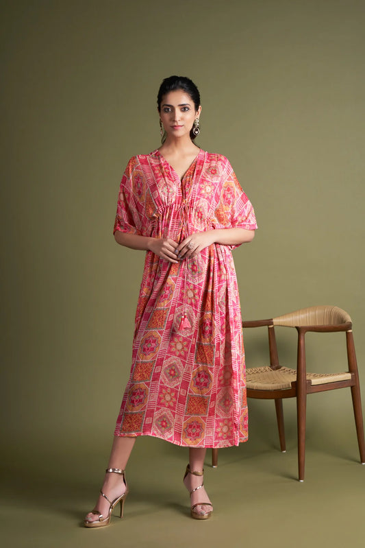 Embroidered Printed Chinon Chiffon Kaftan Dress