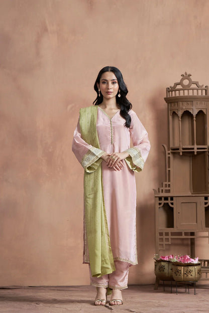 Blush Pink Shimmer Tissue Kurta Set with Bell Sleeves