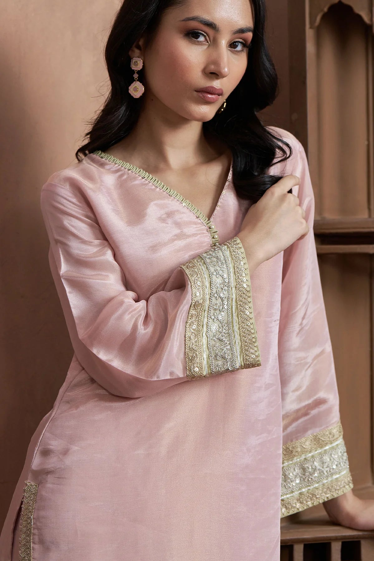 Blush Pink Shimmer Tissue Kurta Set with Bell Sleeves