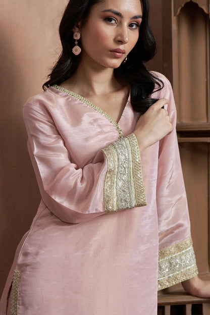 Blush Pink Shimmer Tissue Kurta Set with Bell Sleeves
