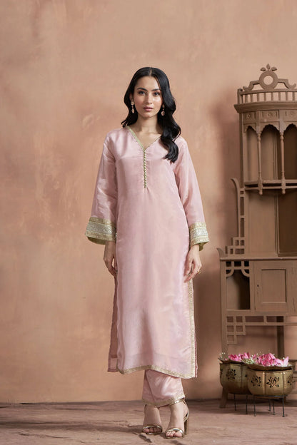 Blush Pink Shimmer Tissue Kurta Set with Bell Sleeves