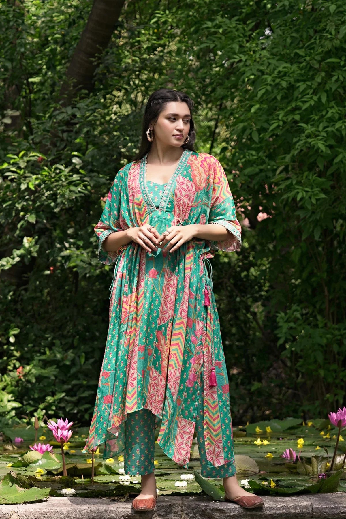 Embroidered Printed Chinon Chiffon Kaftan Set