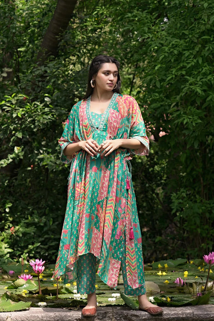 Embroidered Printed Chinon Chiffon Kaftan Set
