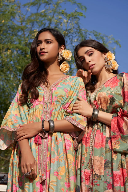 Embroidered Viscose Muslin Kaftan with Tassel Detailing