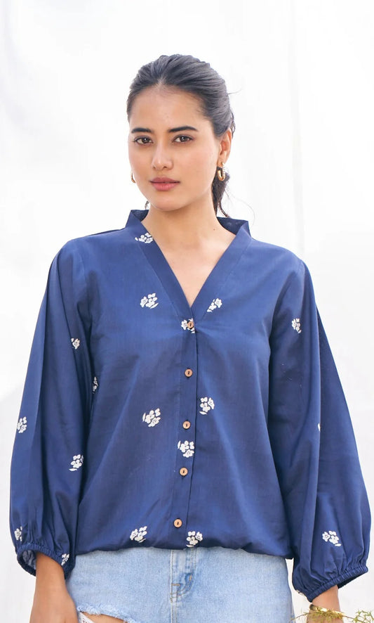 Sapphire Blue Pure Cotton Block Print Shirt