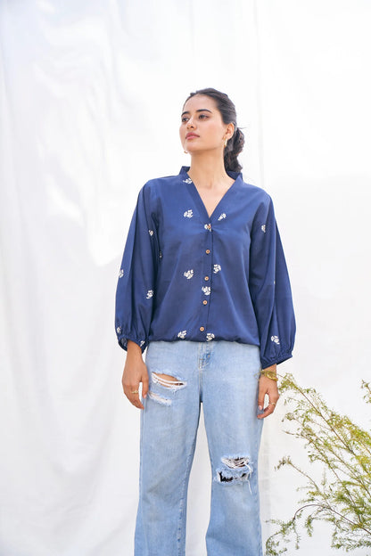 Sapphire Blue Pure Cotton Block Print Shirt