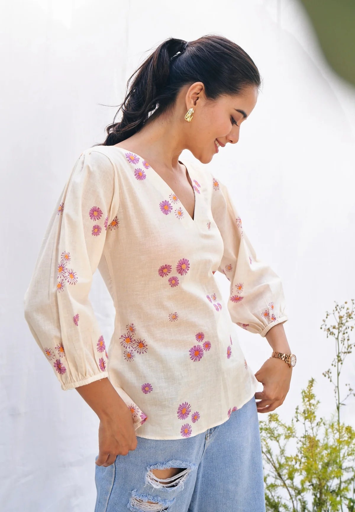 Lavender Floral Cotton Back-Tie Summer Blouse