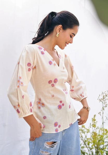Lavender Floral Cotton Back-Tie Summer Blouse