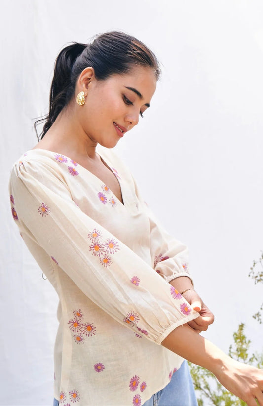 Lavender Floral Cotton Back-Tie Summer Blouse