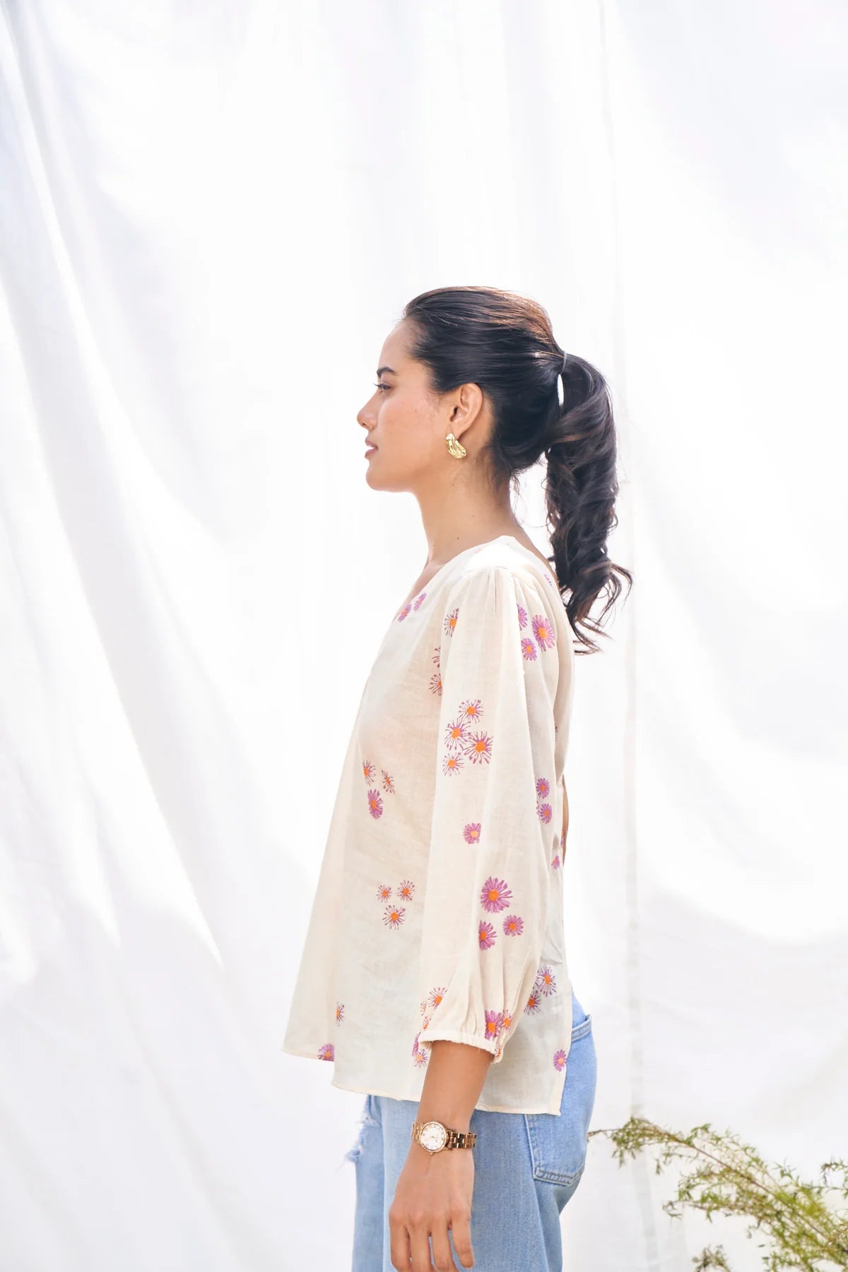 Lavender Floral Cotton Back-Tie Summer Blouse