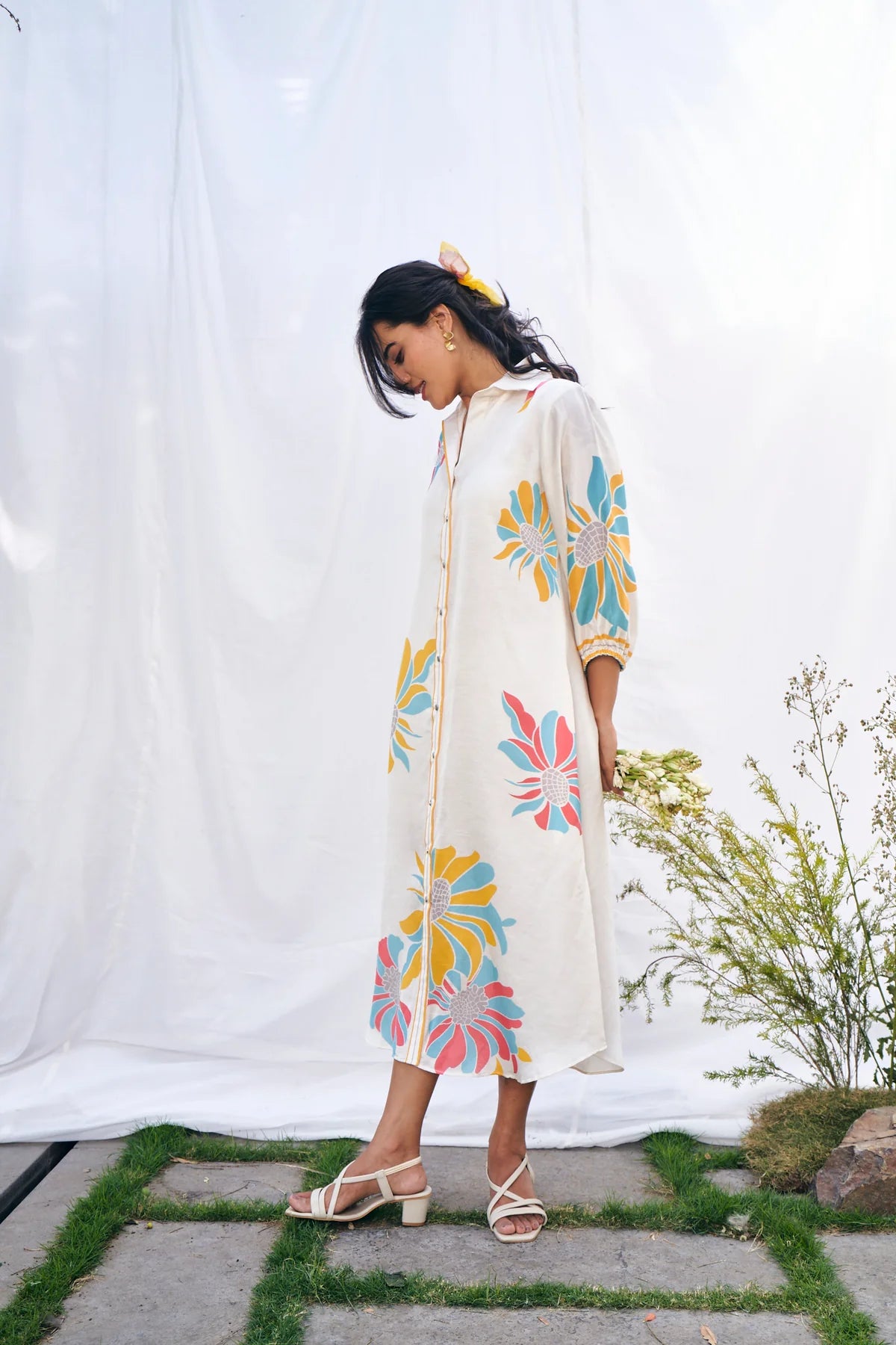 Floral Luxe Linen Satin Shirt Dress