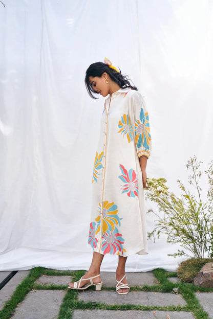 Floral Luxe Linen Satin Shirt Dress