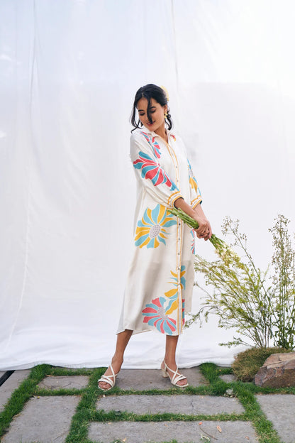 Floral Luxe Linen Satin Shirt Dress