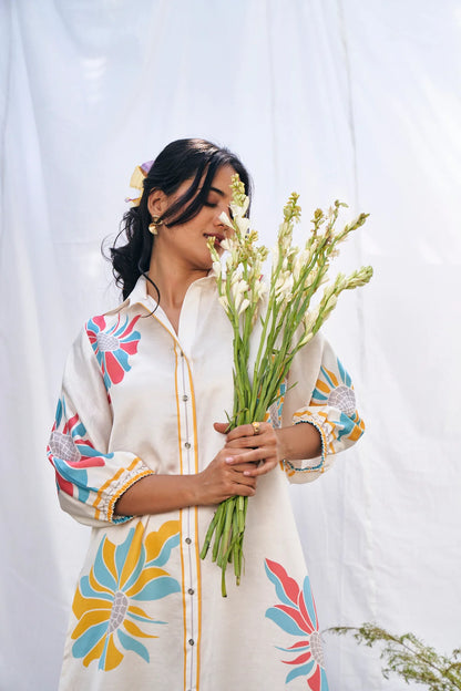 Floral Luxe Linen Satin Shirt Dress