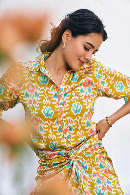 Mustard Ikat Block Sheer Top