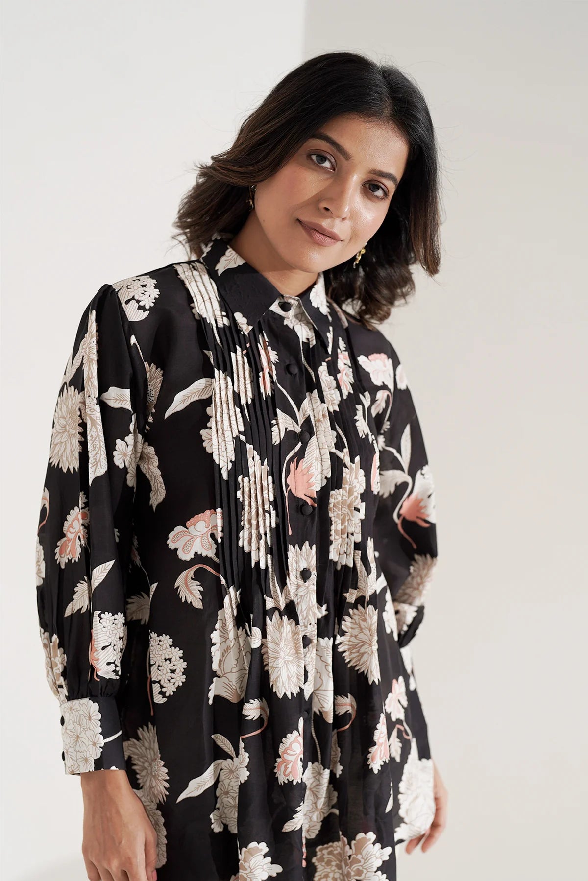 Black Pleated Viscose Muslin Shirt