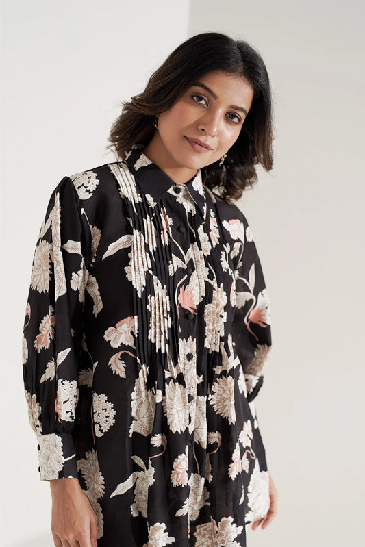 Black Pleated Viscose Muslin Shirt