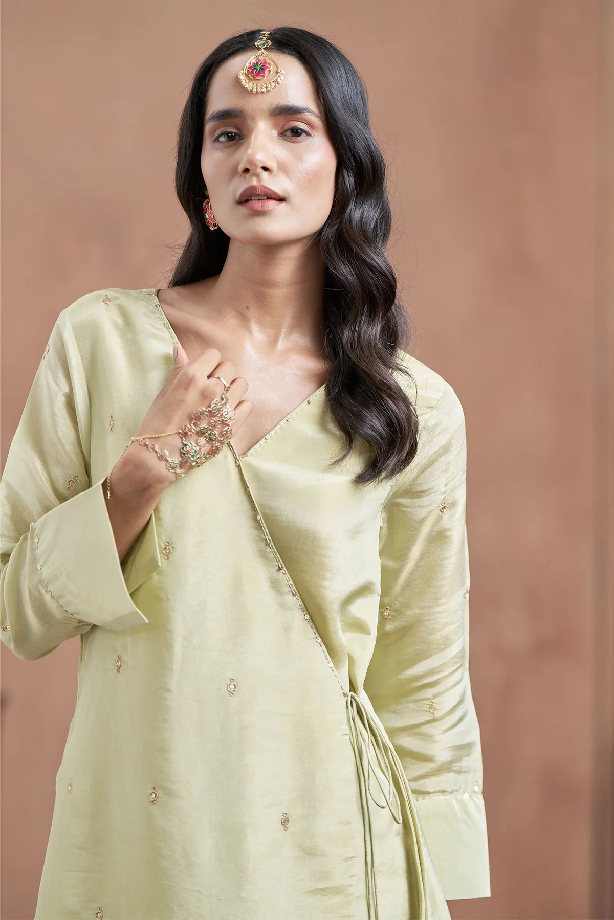 Pista Green Shimmer Tissue Angrakha Kurta Set