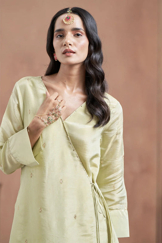 Pista Green Shimmer Tissue Angrakha Kurta Set