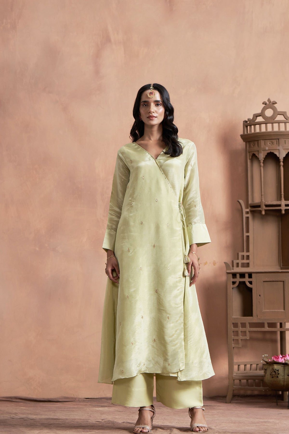 Pista Green Shimmer Tissue Angrakha Kurta Set