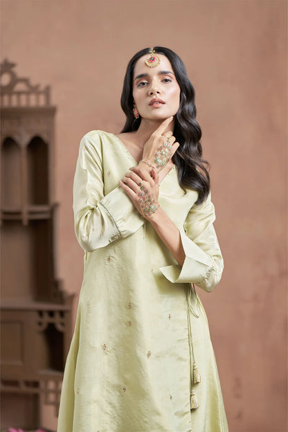 Pista Green Shimmer Tissue Angrakha Kurta Set