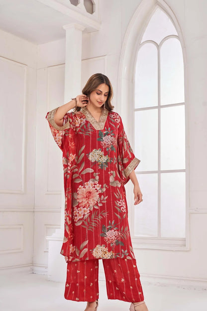 Elegant Red Chinon Chiffon Kaftan Set