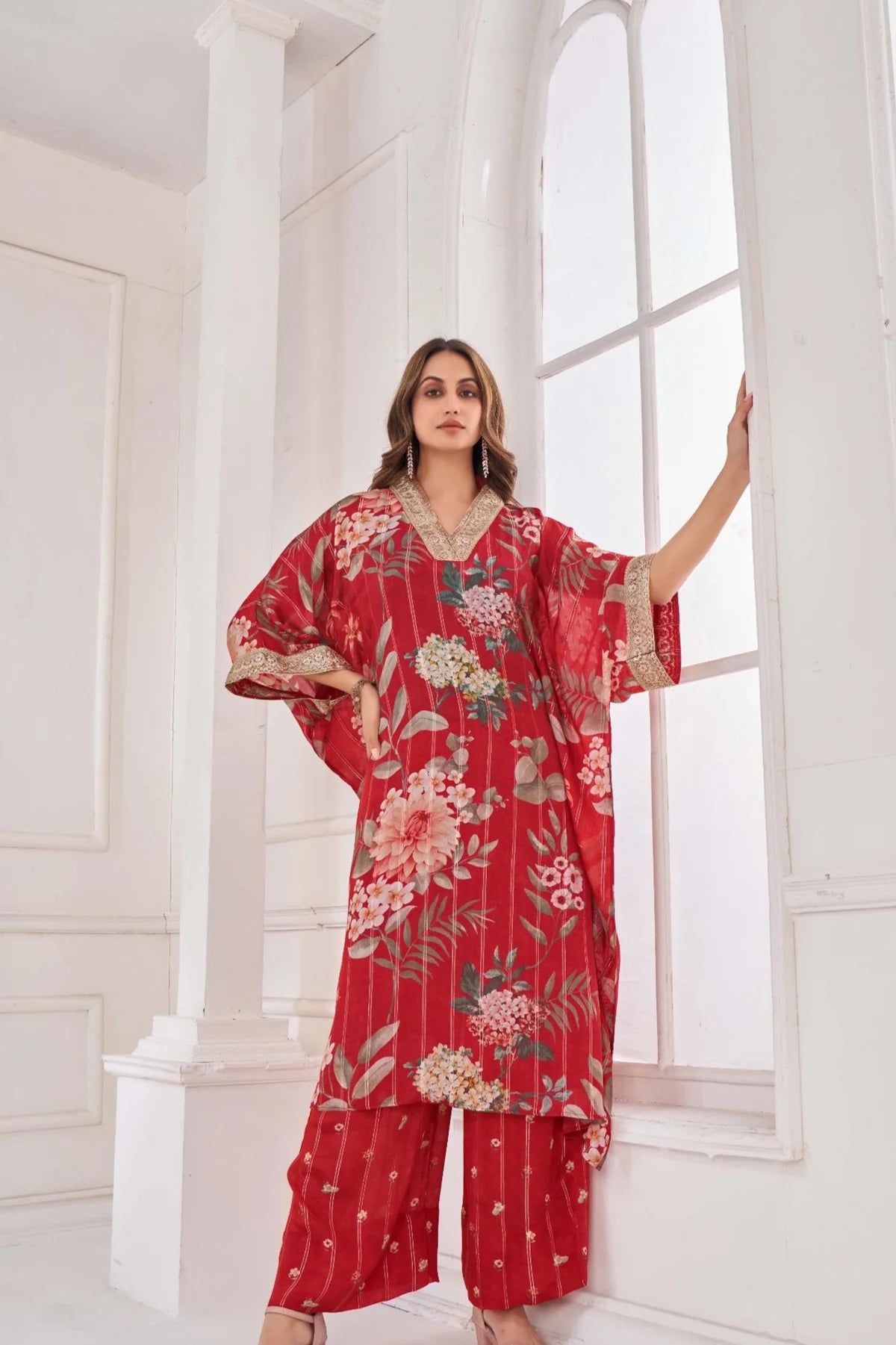 Elegant Red Chinon Chiffon Kaftan Set