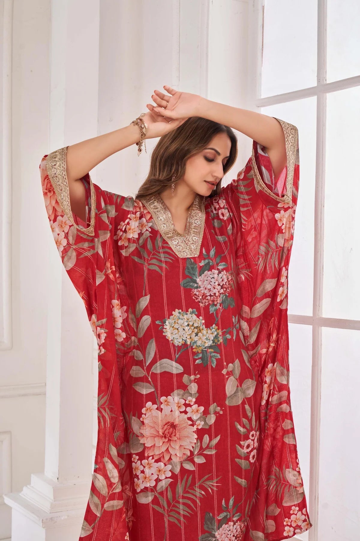 Elegant Red Chinon Chiffon Kaftan Set