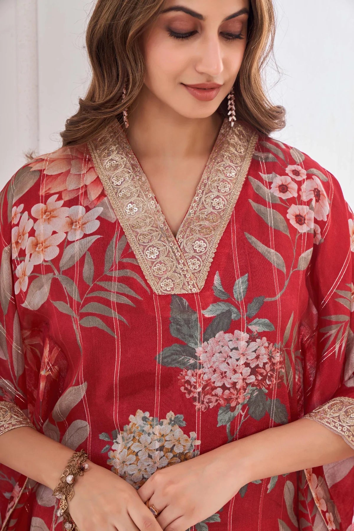 Elegant Red Chinon Chiffon Kaftan Set