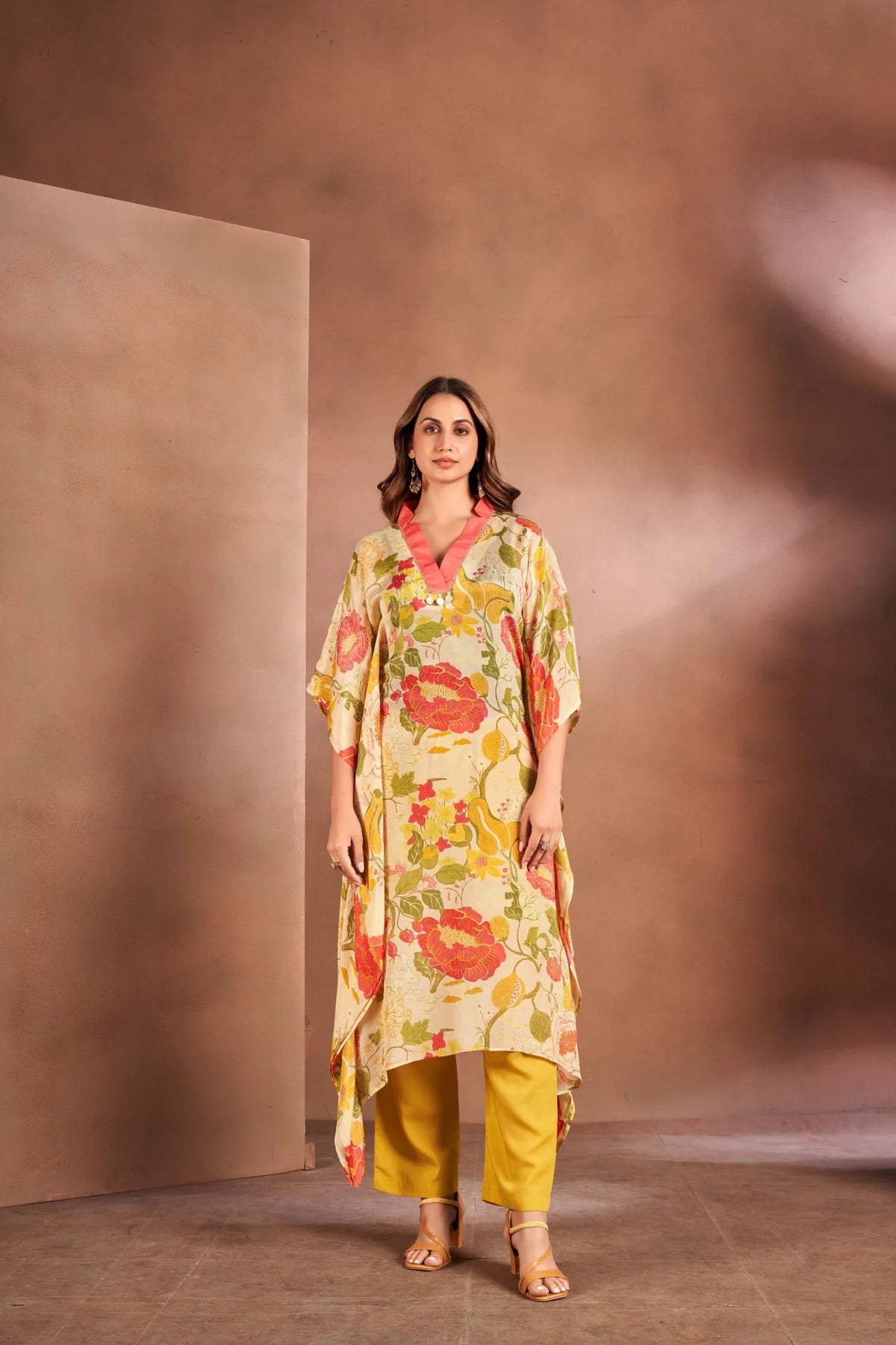 Elegant Beige High-Neck Kaftan Set