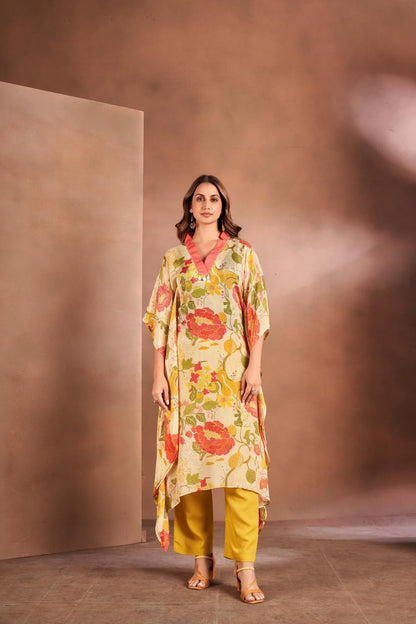 Elegant Beige High-Neck Kaftan Set
