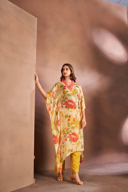 Elegant Beige High-Neck Kaftan Set