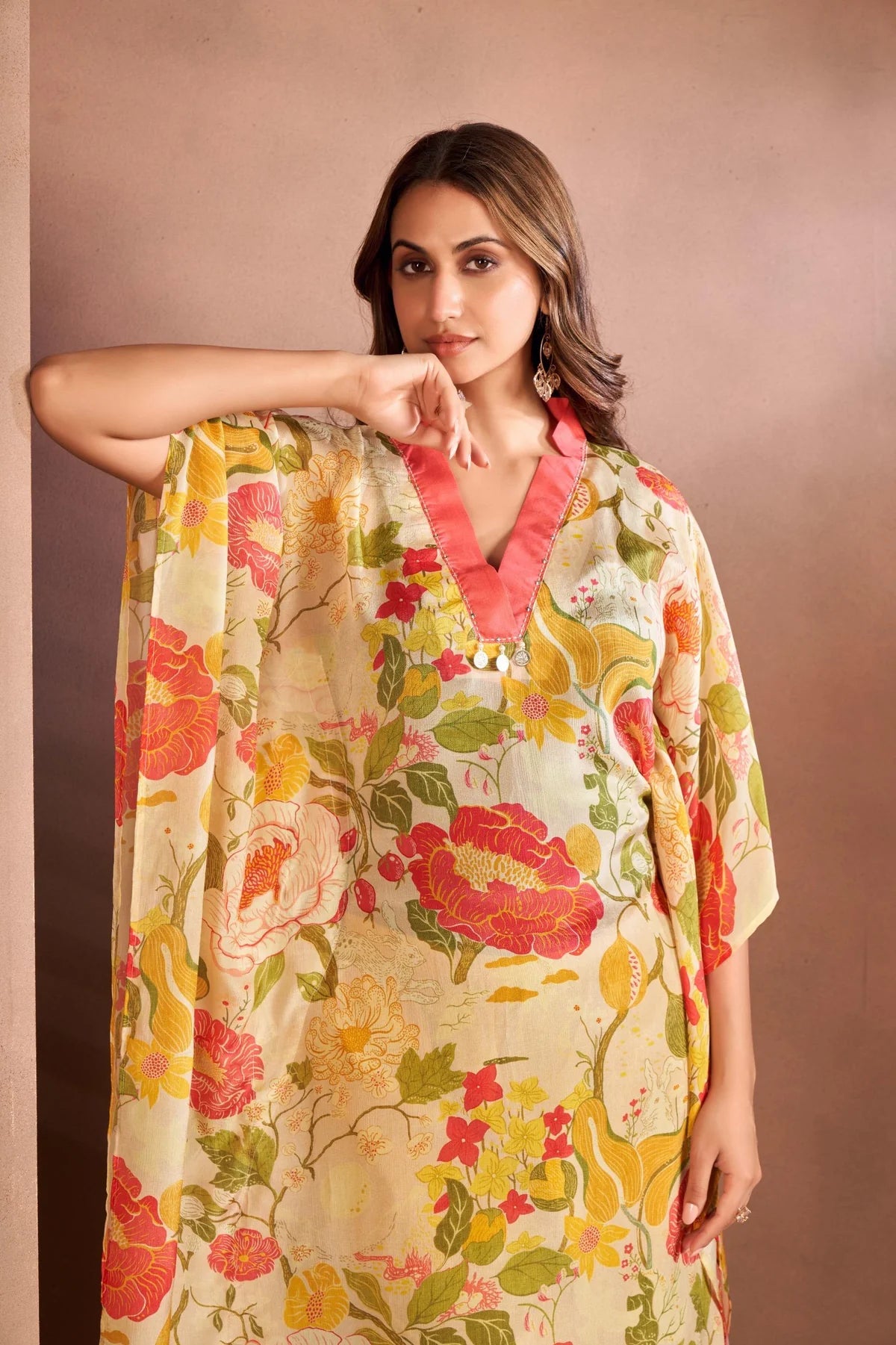 Elegant Beige High-Neck Kaftan Set