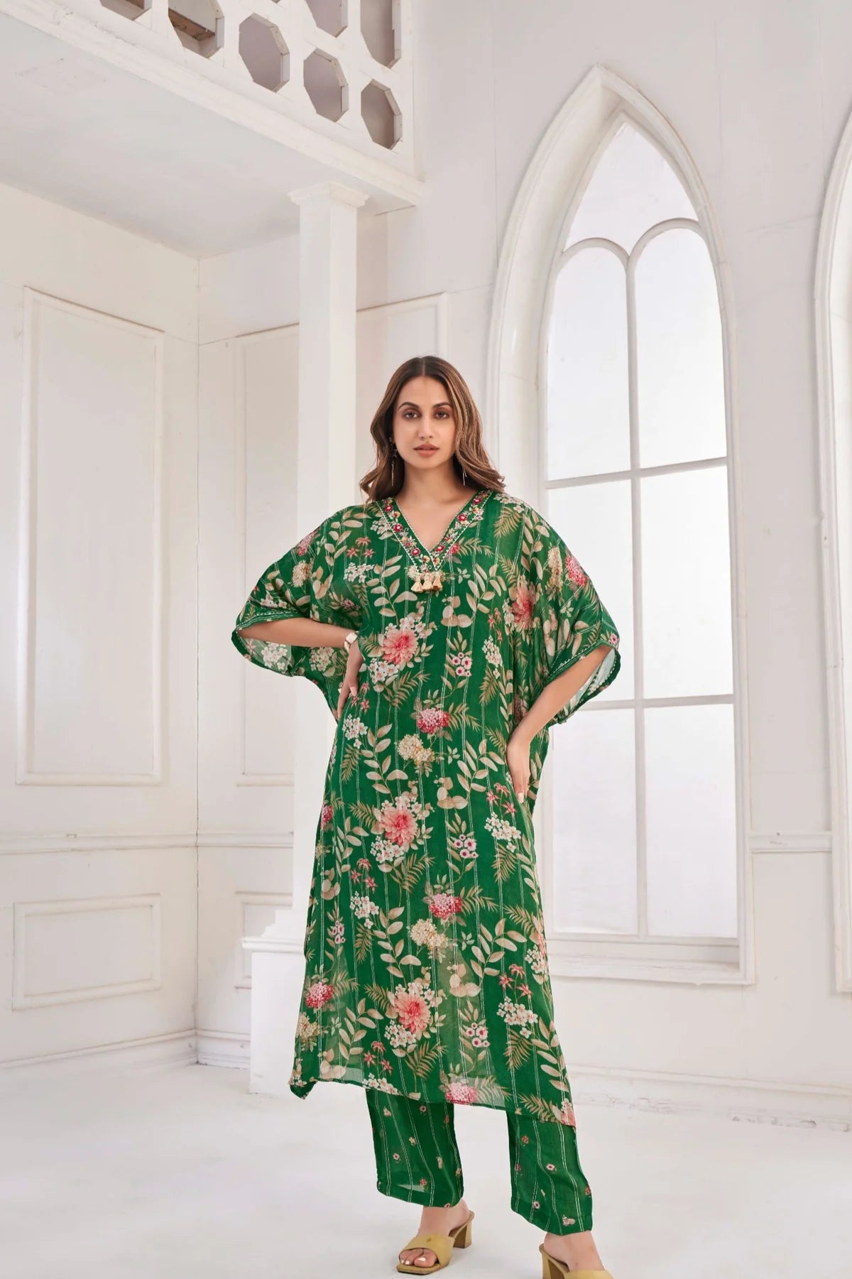 Emerald Bottle Green Kaftan with Handcrafted Detailing