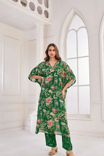 Emerald Bottle Green Kaftan with Handcrafted Detailing