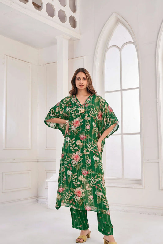 Emerald Bottle Green Kaftan with Handcrafted Detailing