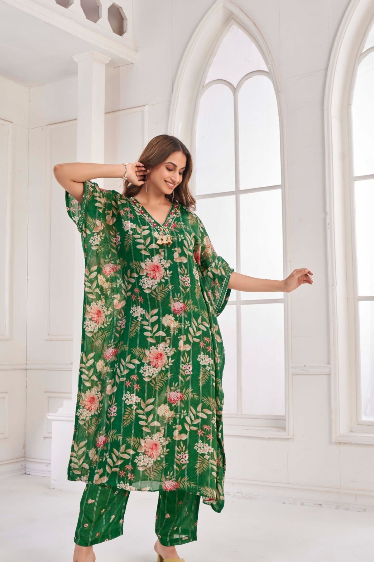 Emerald Bottle Green Kaftan with Handcrafted Detailing