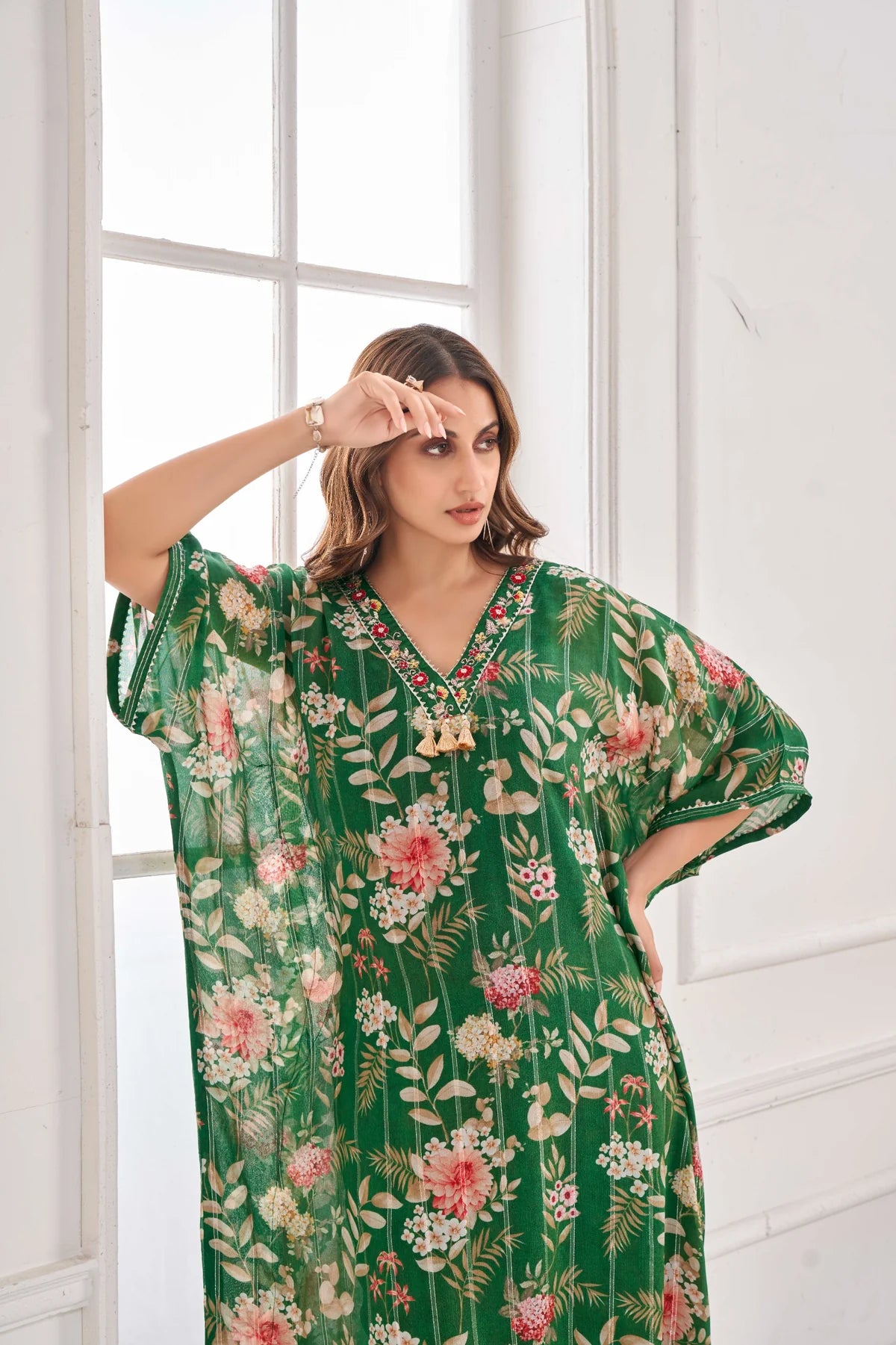 Emerald Bottle Green Kaftan with Handcrafted Detailing