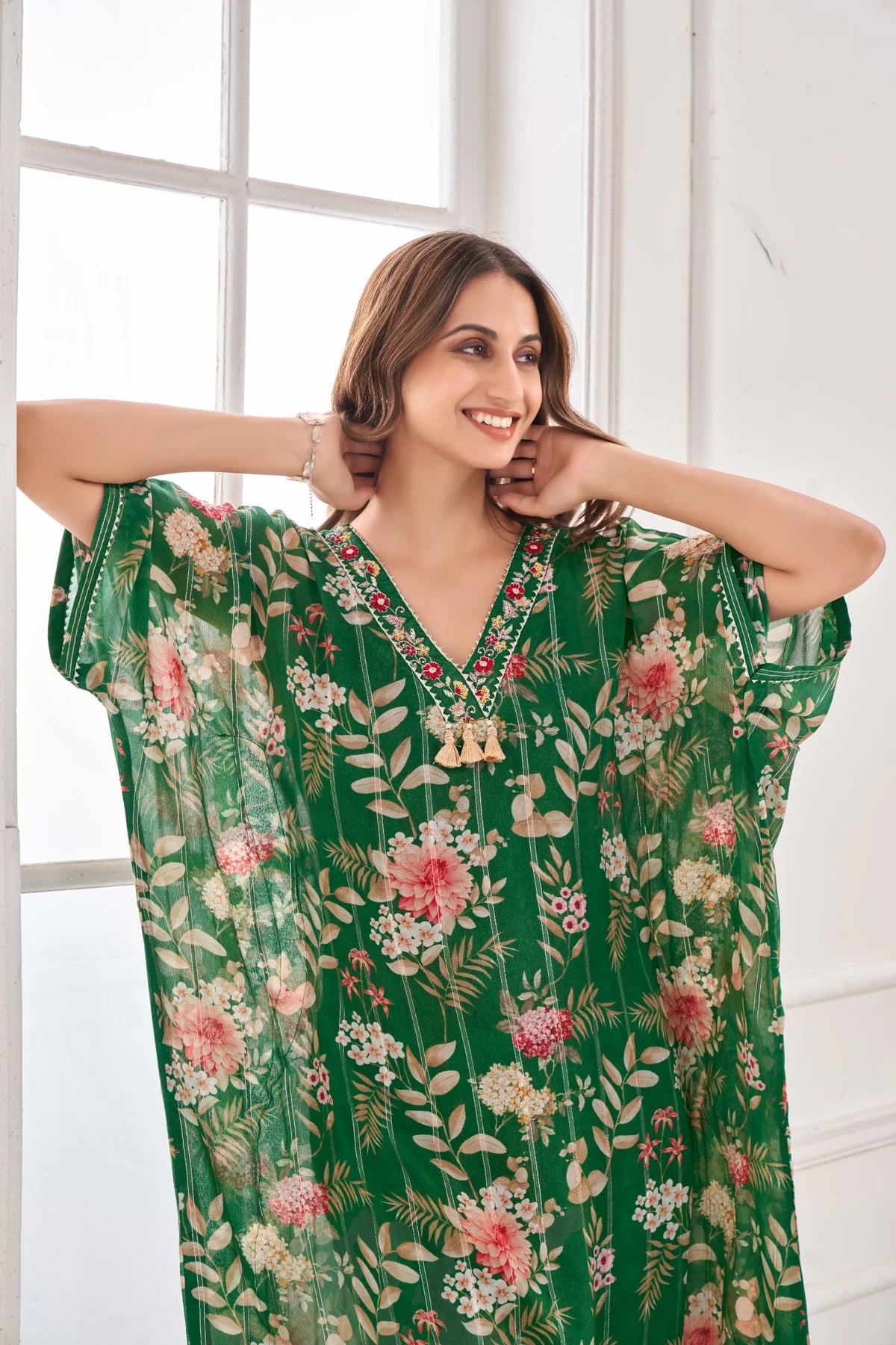 Emerald Bottle Green Kaftan with Handcrafted Detailing