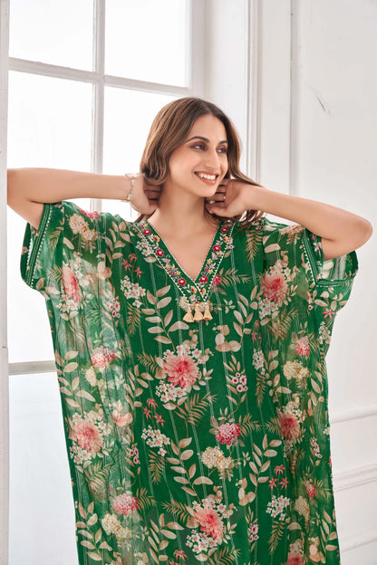 Emerald Bottle Green Kaftan with Handcrafted Detailing